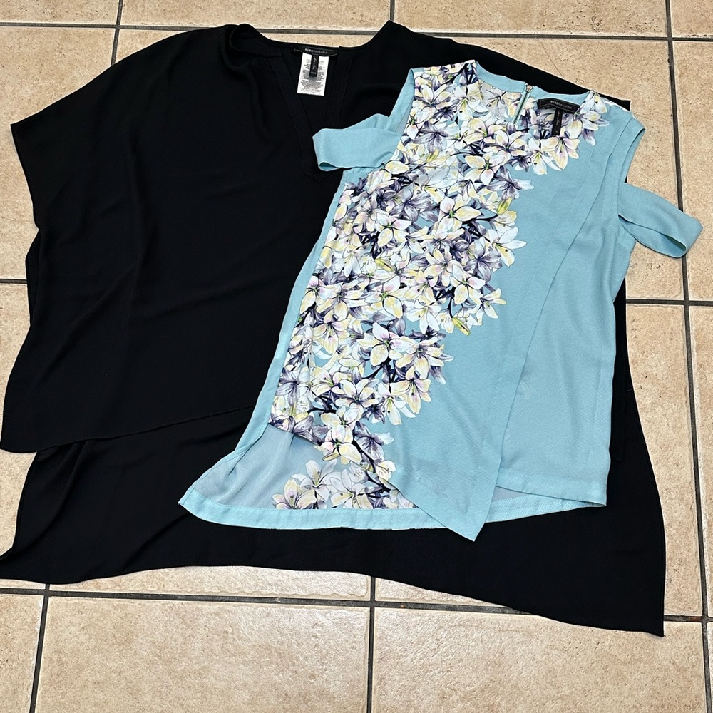 BCBGMaxAzria Light Blue Floral Cold-Shoulder Layered Blouse & BCBGMaxAzria Black